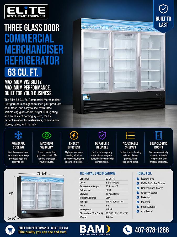Elite Three Glass Door Commercial Merchandiser Refrigerator – 63 Cu. Ft.
