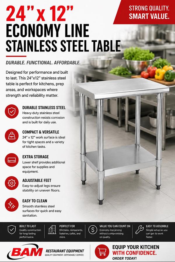 24"x12" Economy Line Stainless Steel Table