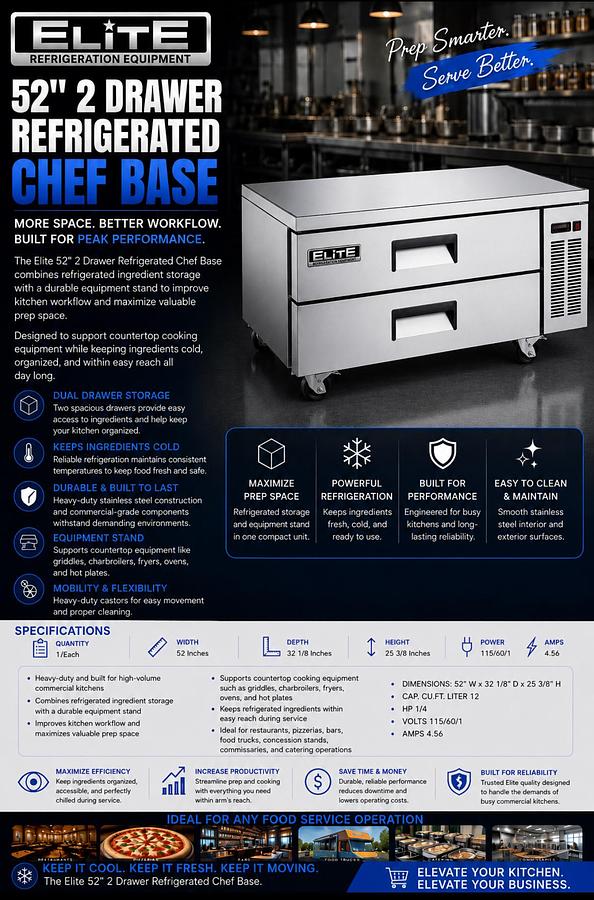Elite 52″ 2 Drawer Refrigerated Chef Base