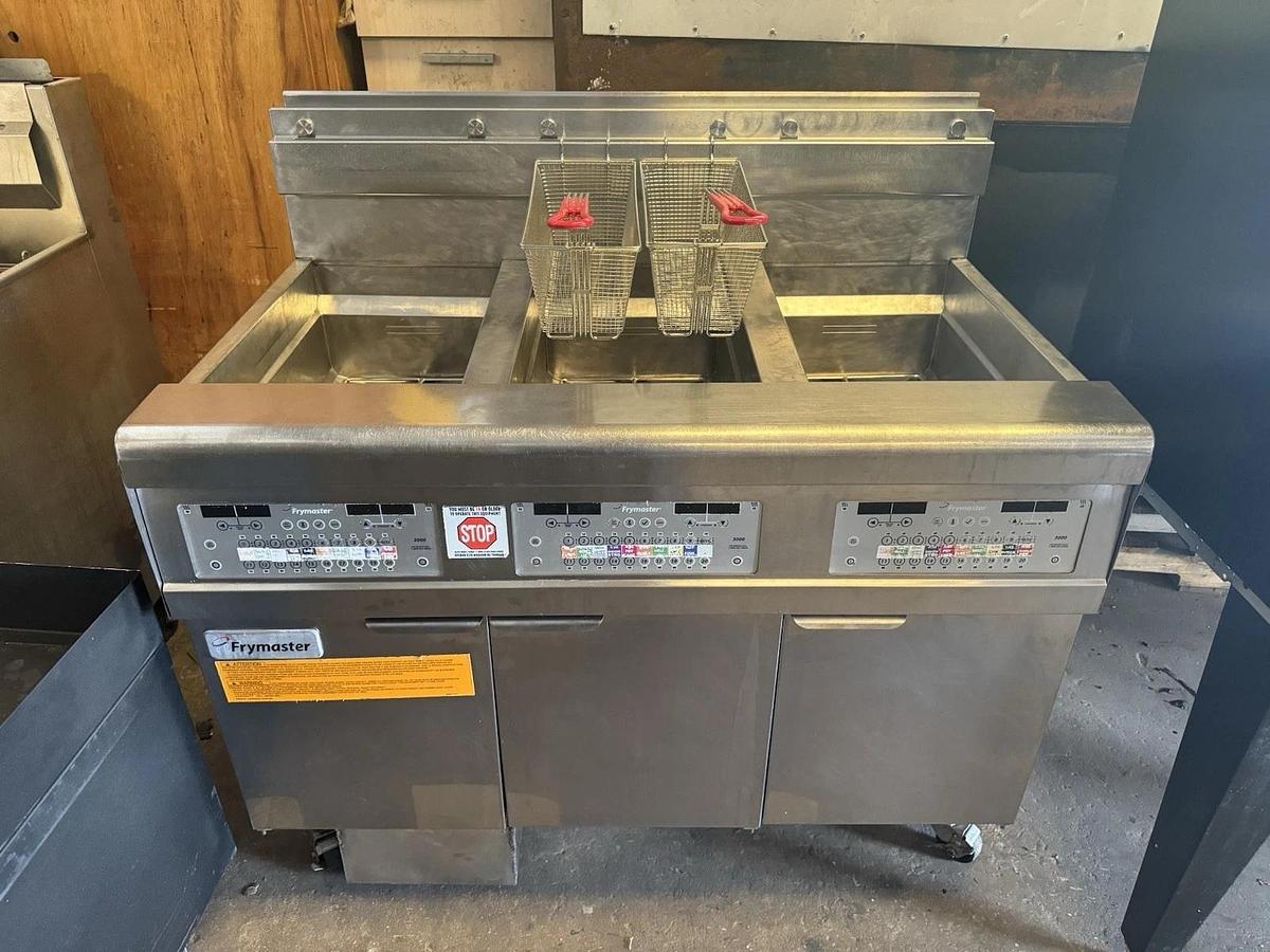 Used Frymaster 3 BAY Fryer, Natural Gas, Filtration System- Working Condition