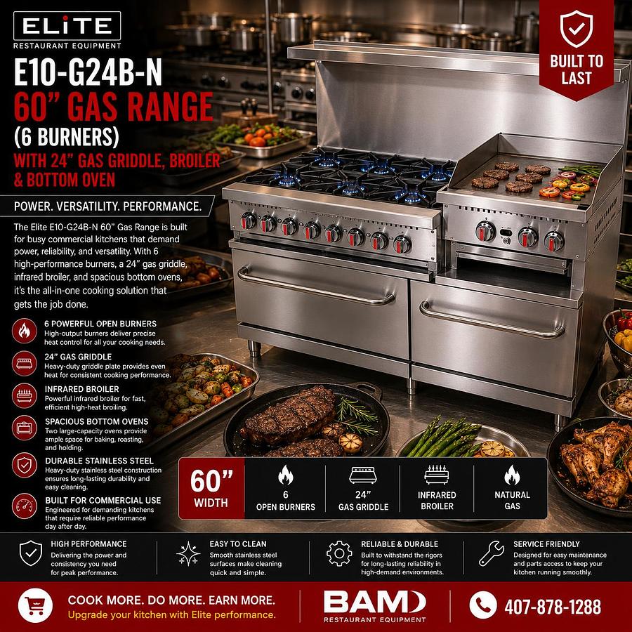 ELITE E10-G24B-N 60" Gas Range (6 Burners) with 24" Gas Griddle, Broiler & Bottom Oven