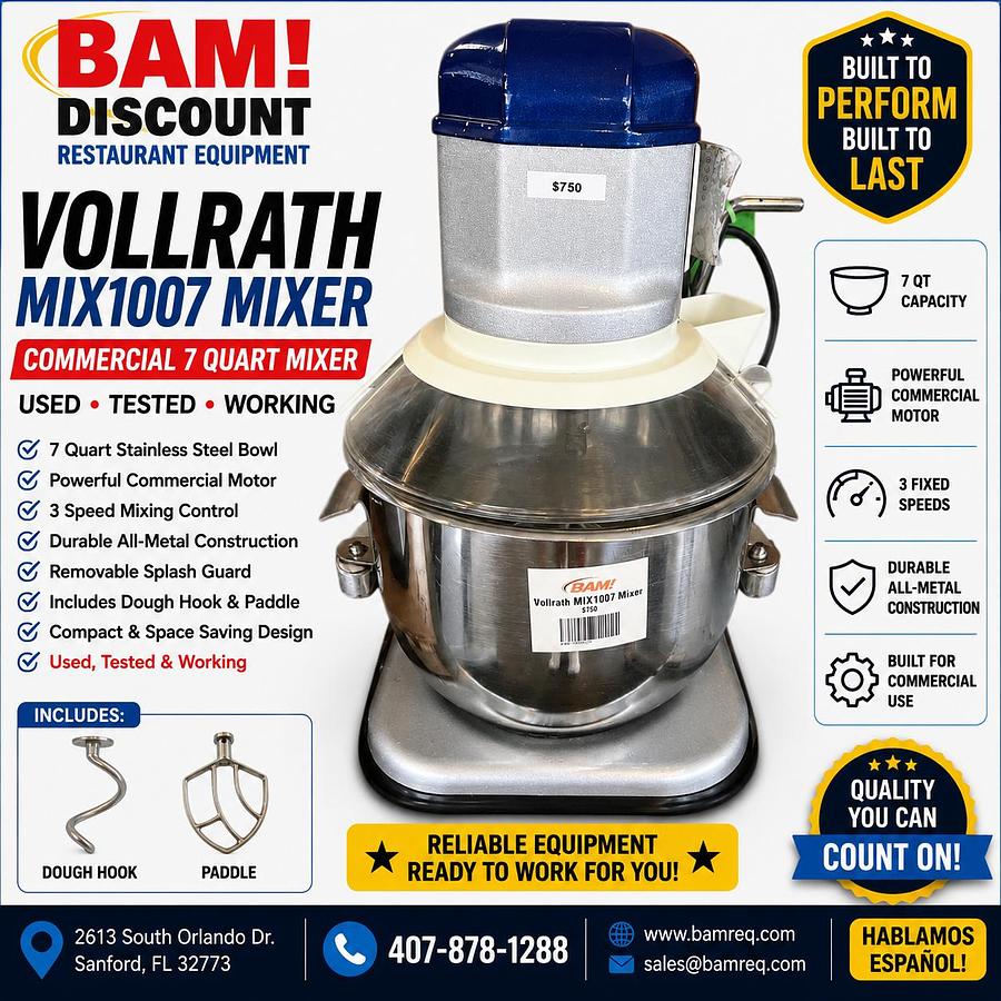 Used Vollrath MIX1007 7 Qt Commercial Countertop Mixer w/ Bowl & Attachments