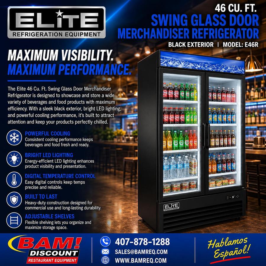 Elite Swing Glass Door Merchandiser Refrigerator with LED Lighting