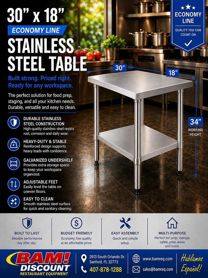30"x18" Economy Line Stainless Steel Table