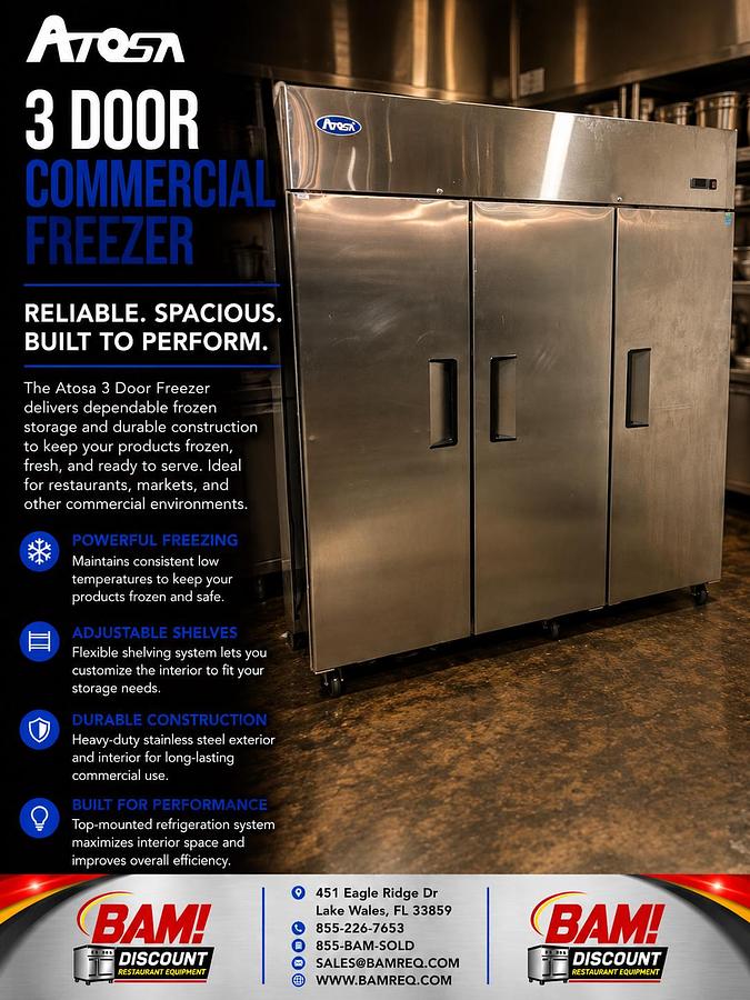 Refurbished Atosa 3 Door Commercial Reach-In Freezer Stainless Steel Heavy Duty