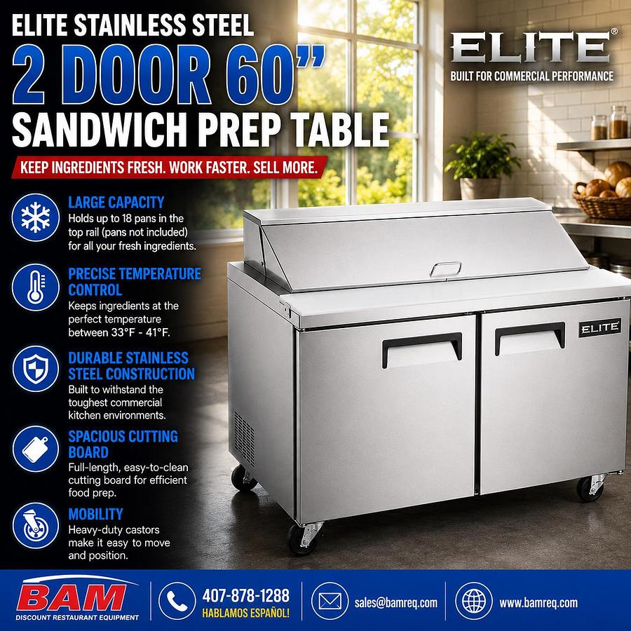 Elite Stainless Steel 2 Door 60" Sandwich Prep Table on Castors