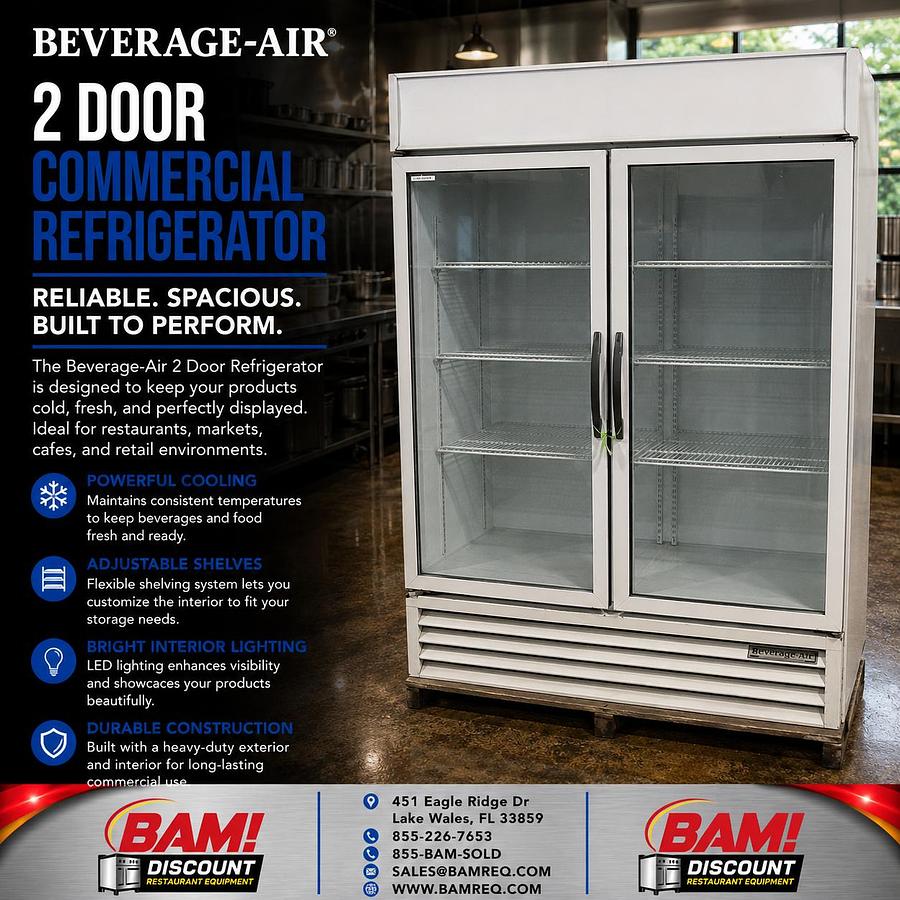 Refurbished Beverage-Air 2 Door Glass Merchandiser Commercial Refrigerator Reach-In Cooler