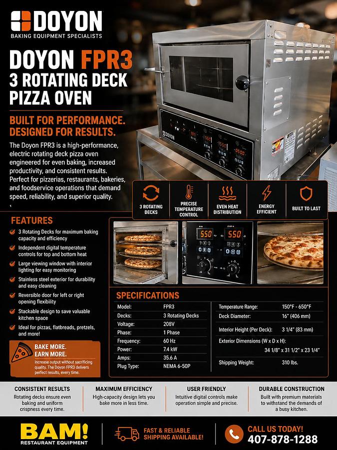 Used Doyon Model FPR3 - 3 Rotating Deck Pizza Oven - 208V 1 PhaseDoyon Model FPR3 - 3 Rotating Deck Pizza Oven - 208V 1 Phase