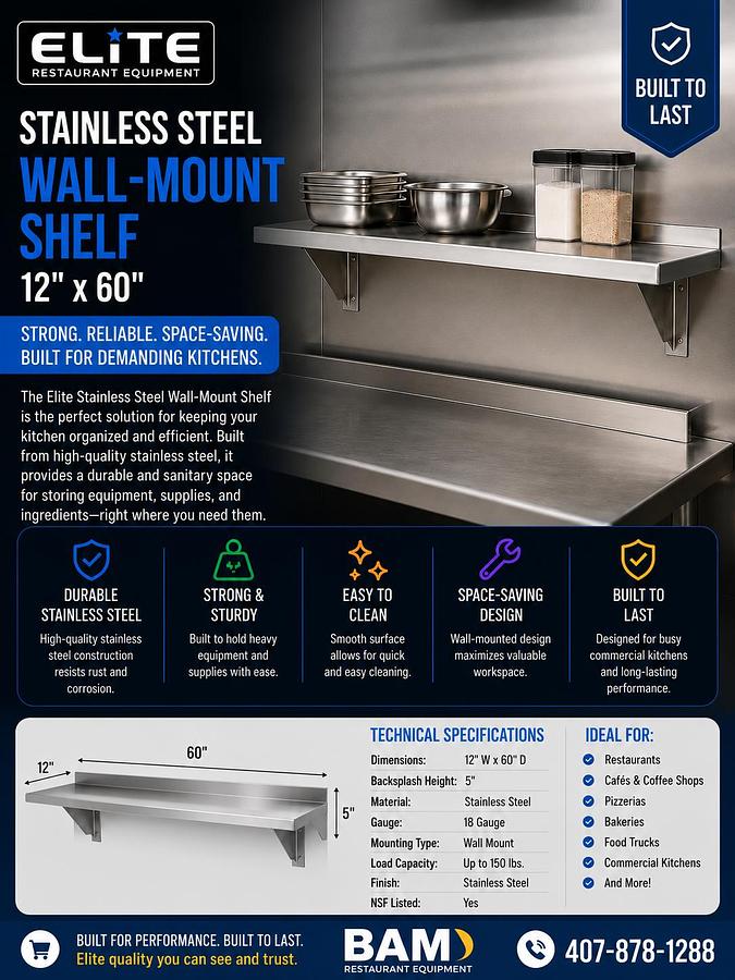 Elite Stainless Steel Wall-Mount Shelf 12x'60'