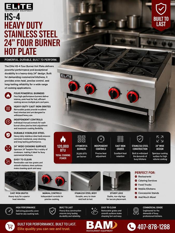 ELITE HS-4 Heavy Duty Stainless Steel 24" Four Burner Hot Plate