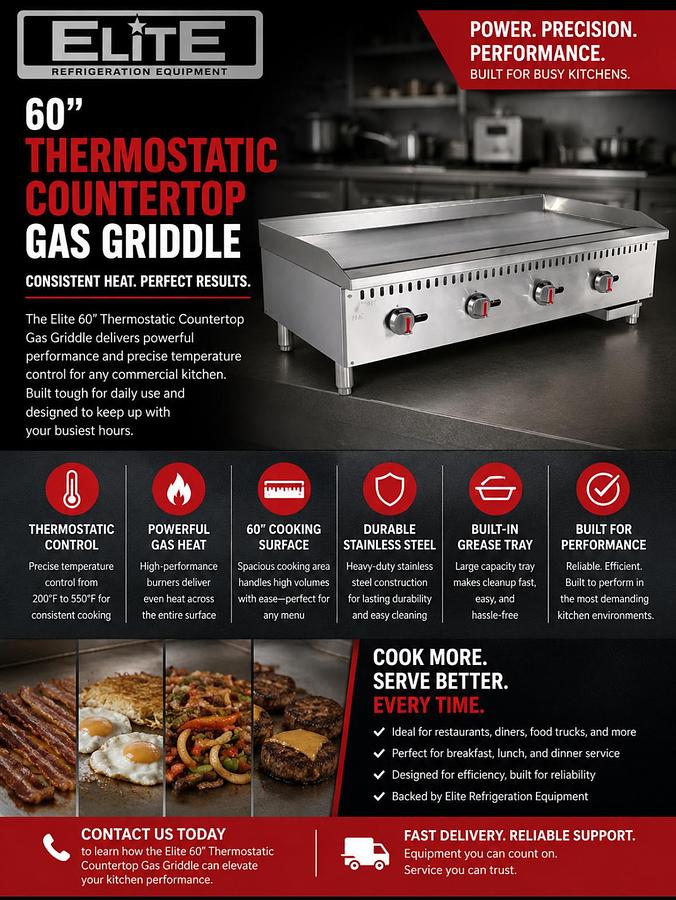 ELITE ETFG-60 Thermostatic Countertop Gas Griddle, 60" | 120,000 BTU