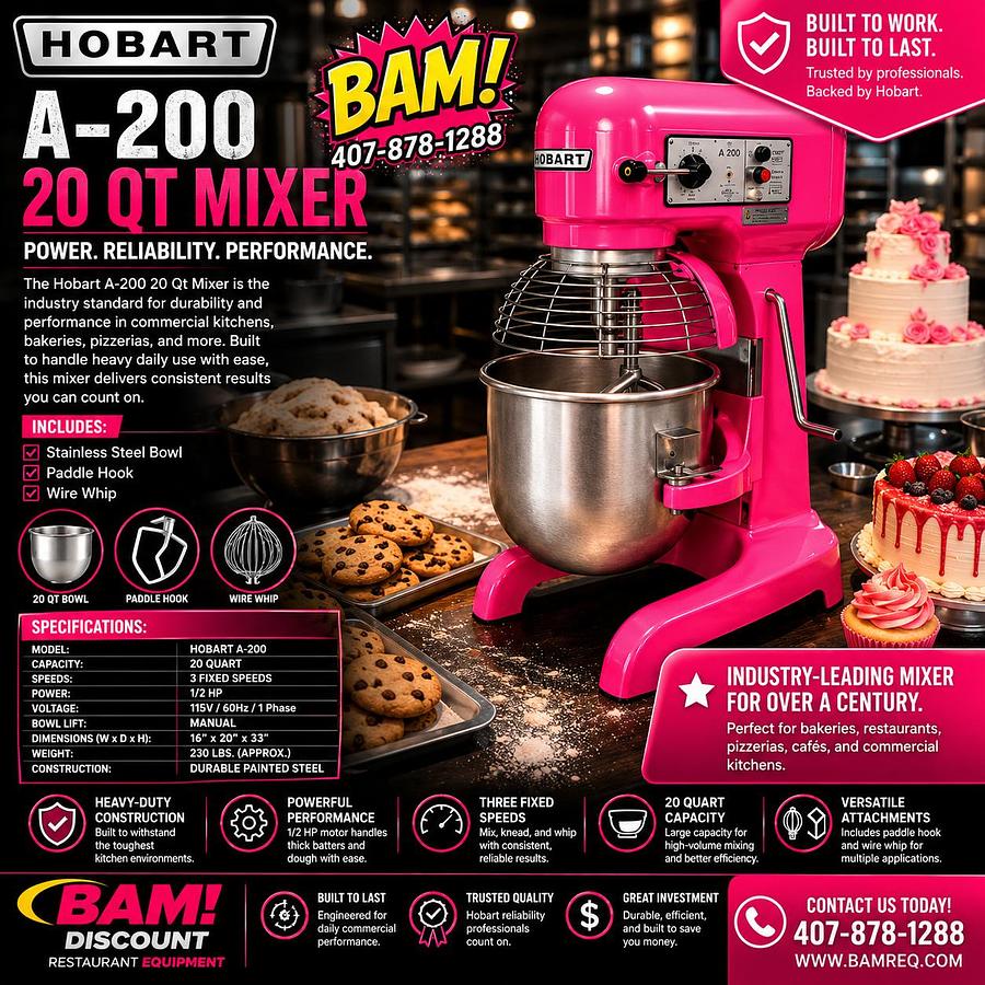 Used HOBART A 200 20 QT Mixer Includes Guard, Bowl & Pattle Hook & Whip 115VHOBART A 200 20 QT Mixer Includes Guard, Bowl & Pattle Hook & Whip 115V