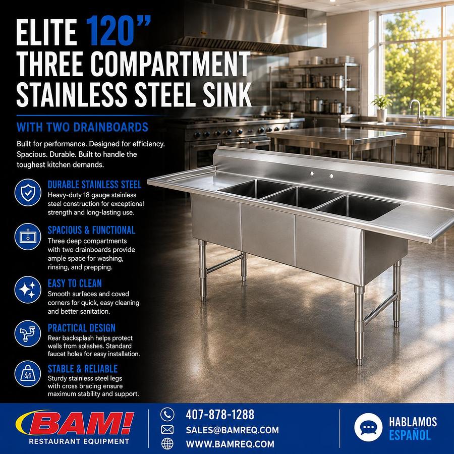Elite 120” Three Compartment Stainless Steel Sink With Two Drainboards