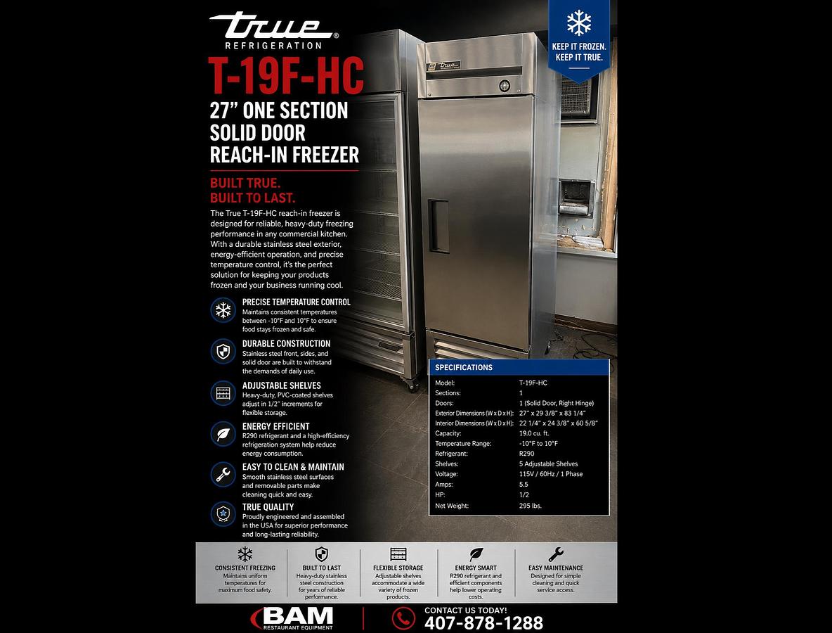 Used True T-19F-HC 27" One Section Solid Door Reach-In FreezerTrue T-19F-HC 27" One Section Solid Door Reach-In Freezer