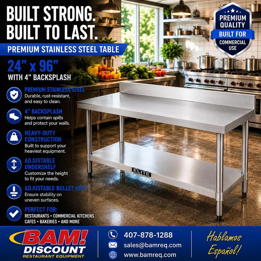 24”x96” 4" Backsplash Stainless Steel Table