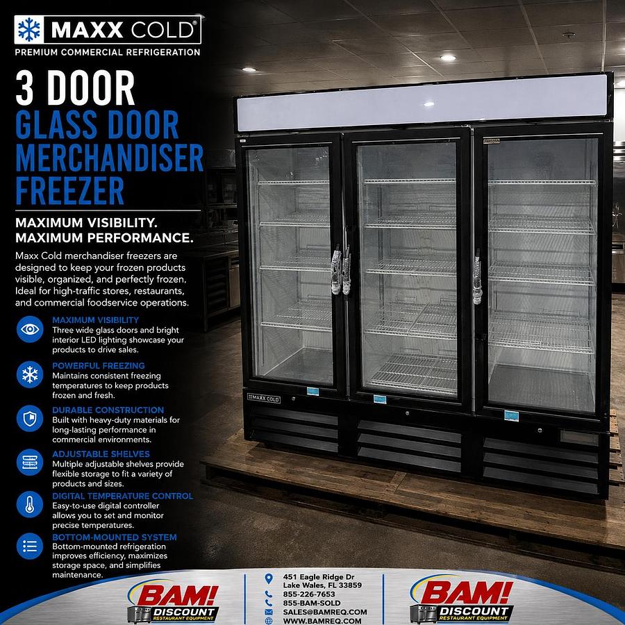 Refurbished Maxx Cold 3 Door Glass Merchandiser Freezer Commercial Display Reach-In