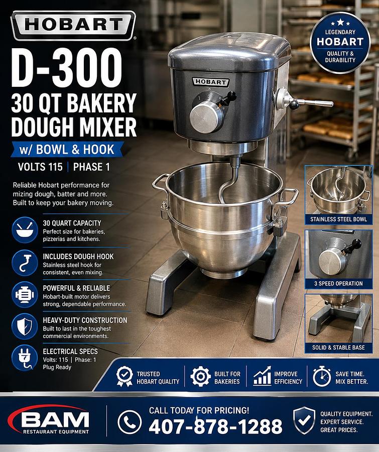 Used Hobart D-300 30 Qt Bakery Dough Mixer w/ Bowl, Hook Volts 115 Phase 1Hobart D-300 30 Qt Bakery Dough Mixer w/ Bowl, Hook Volts 115 Phase 1