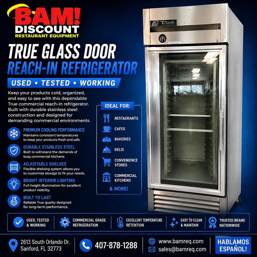 Used True Glass Door Reach-In Refrigerator Commercial Merchandiser Cooler