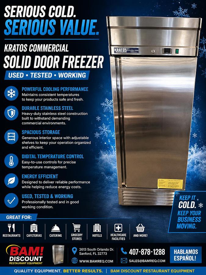 Used Kratos 1 Door Commercial Reach-In Freezer Stainless Steel Tested Working
