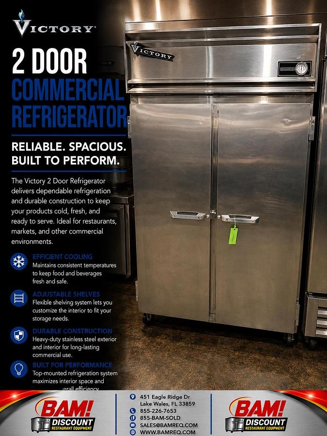 Refurbished Victory 2 Door Commercial Reach-In Refrigerator Stainless Steel Heavy Duty