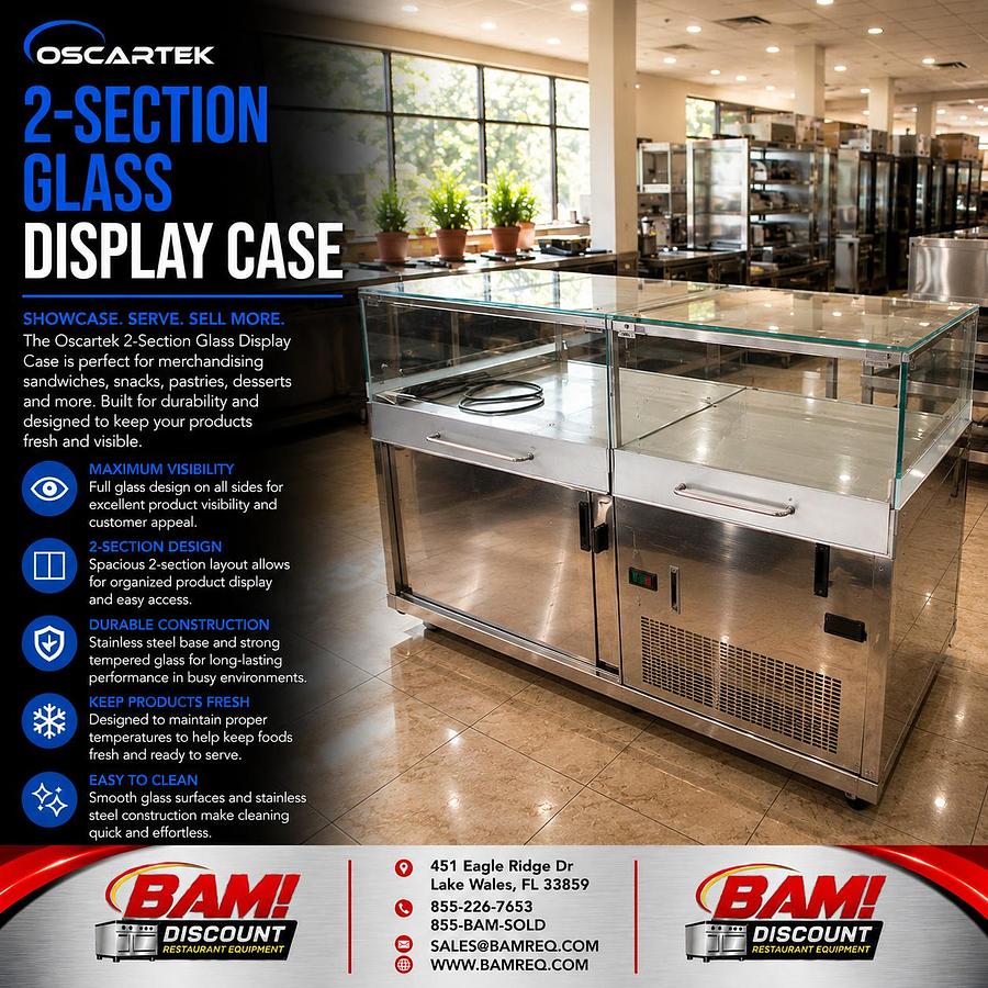 Refurbished Oscartek 2-Section Refrigerated Glass Display Case Stainless Steel Merchandiser
