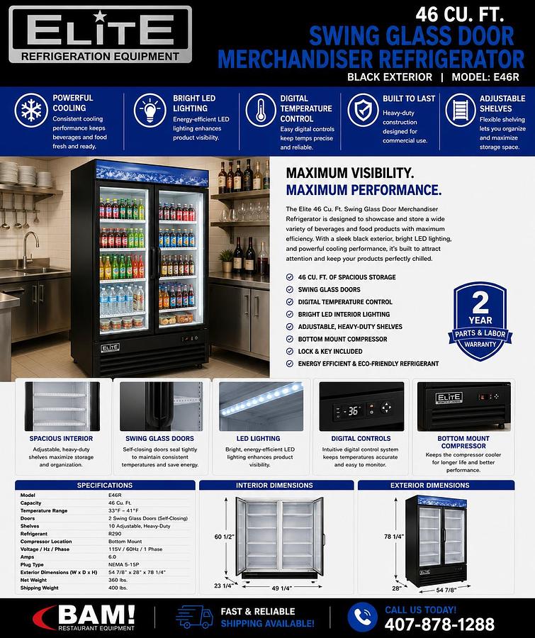 Elite Swing Glass Door Merchandiser Refrigerator with LED Lighting