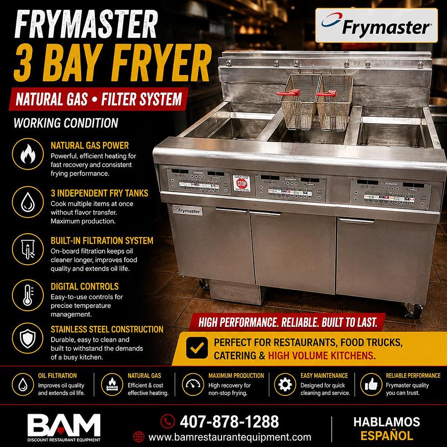 Used Frymaster 3 BAY Fryer, Natural Gas, Filtration System- Working Condition