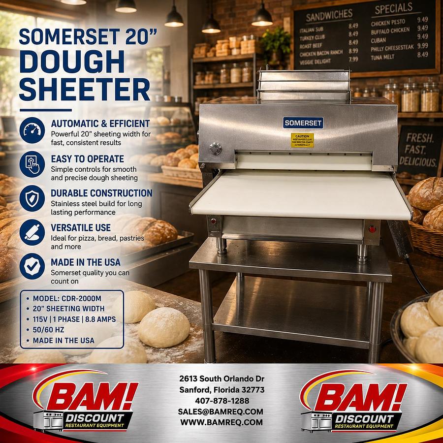 Used Somerset CDR-2000M 20" Dough Sheeter – Commercial Countertop Dough Roller – 115V – Tested & Working