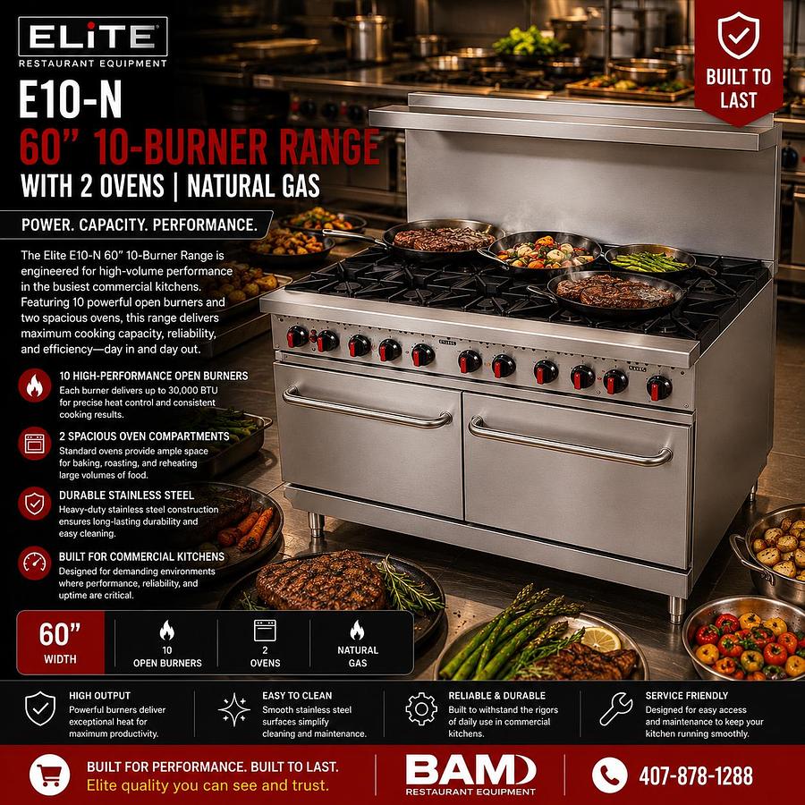 Elite ER0-10 60" 10-Burner Range with 2 Ovens | Natural Gas