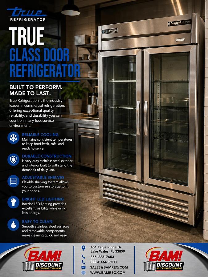Refurbished True 2 Glass Door Reach-In Refrigerator Commercial Stainless Steel Cooler