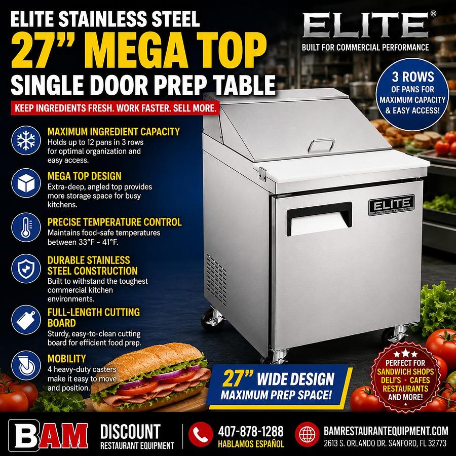 Elite Stainless Steel Single Door 27" Mega Top Sandwich Prep Table on Castors