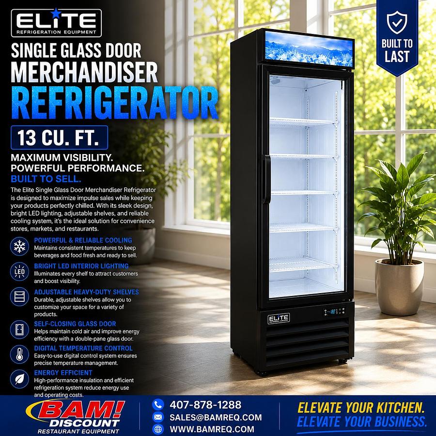 Elite Single Glass Door Merchandiser Refrigerator 13.3 CF