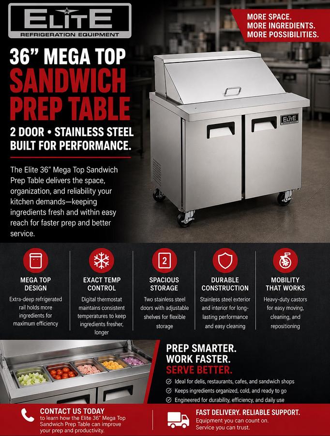 Elite Stainless Steel 2 Door 36" Sandwich Prep Table on Castors