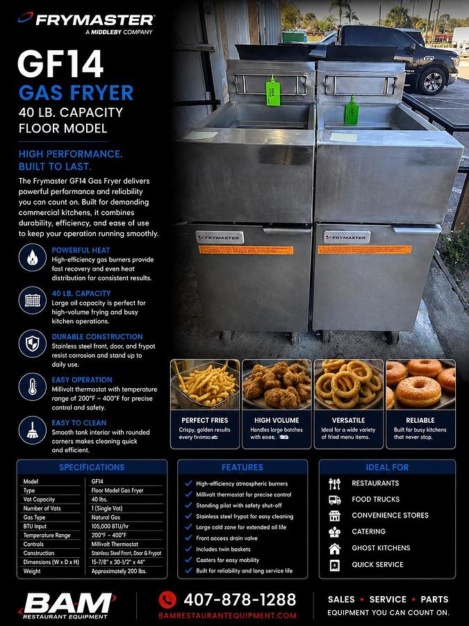 Used Used: Frymaster GF14 Gas Fryer – (1) 40 lb Vat, Floor ModelUsed: Frymaster GF14 Gas Fryer – (1) 40 lb Vat, Floor Model