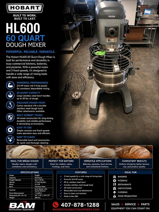 Refurbished Hobart HL600 60Qt Dough Mixer