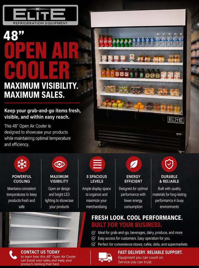 Elite 48" Vertical Open Air Cooler w/ (5) Levels, Black, 208-230v