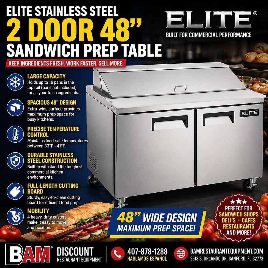Elite Stainless Steel 2 Door 48" Sandwich Prep Table on Castors