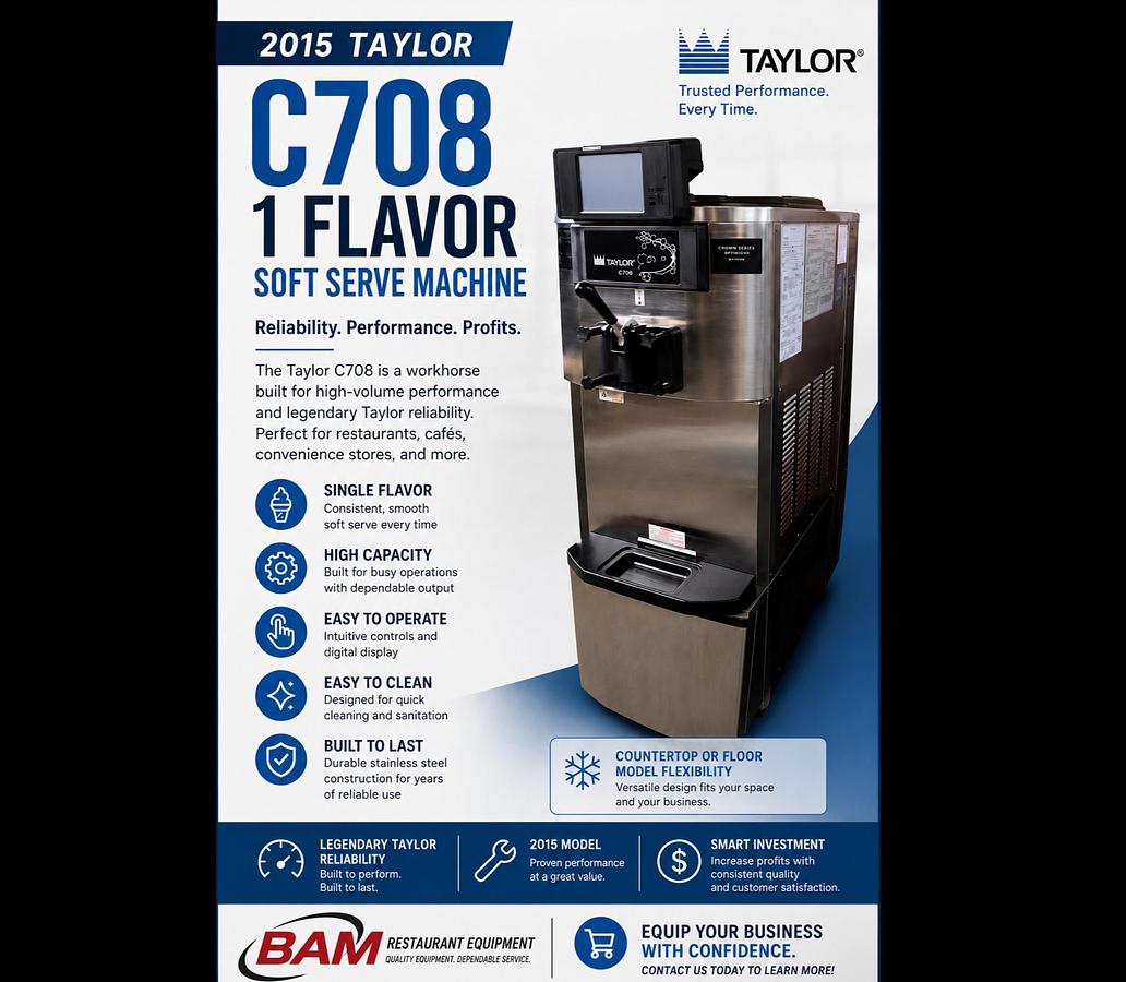 Used 2015 Taylor C708 1 Flav Machine, 208-230v 1 Phase -Water Cooled-Complete-Working