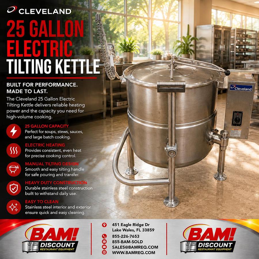 Refurbished Cleveland 25 Gallon Electric Tilting Steam Jacketed Kettle Stainless Commercial