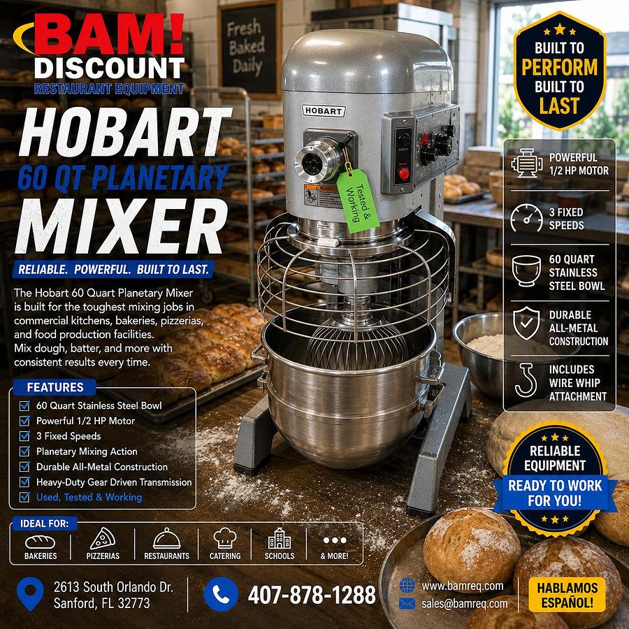 Used Hobart 60 Qt Commercial Planetary Mixer w/ Bowl, Whip & Guard