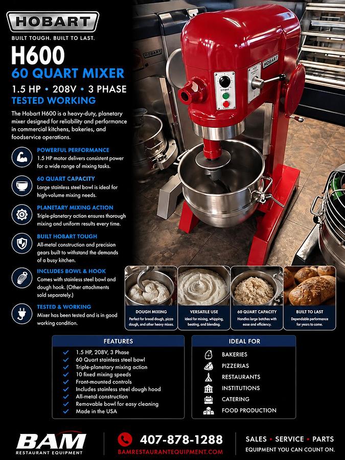 Refurbished Used: HOBART H600 60 QT Mixer 1.5 HP 208/3ph-Test Working / Bowl & Hook-