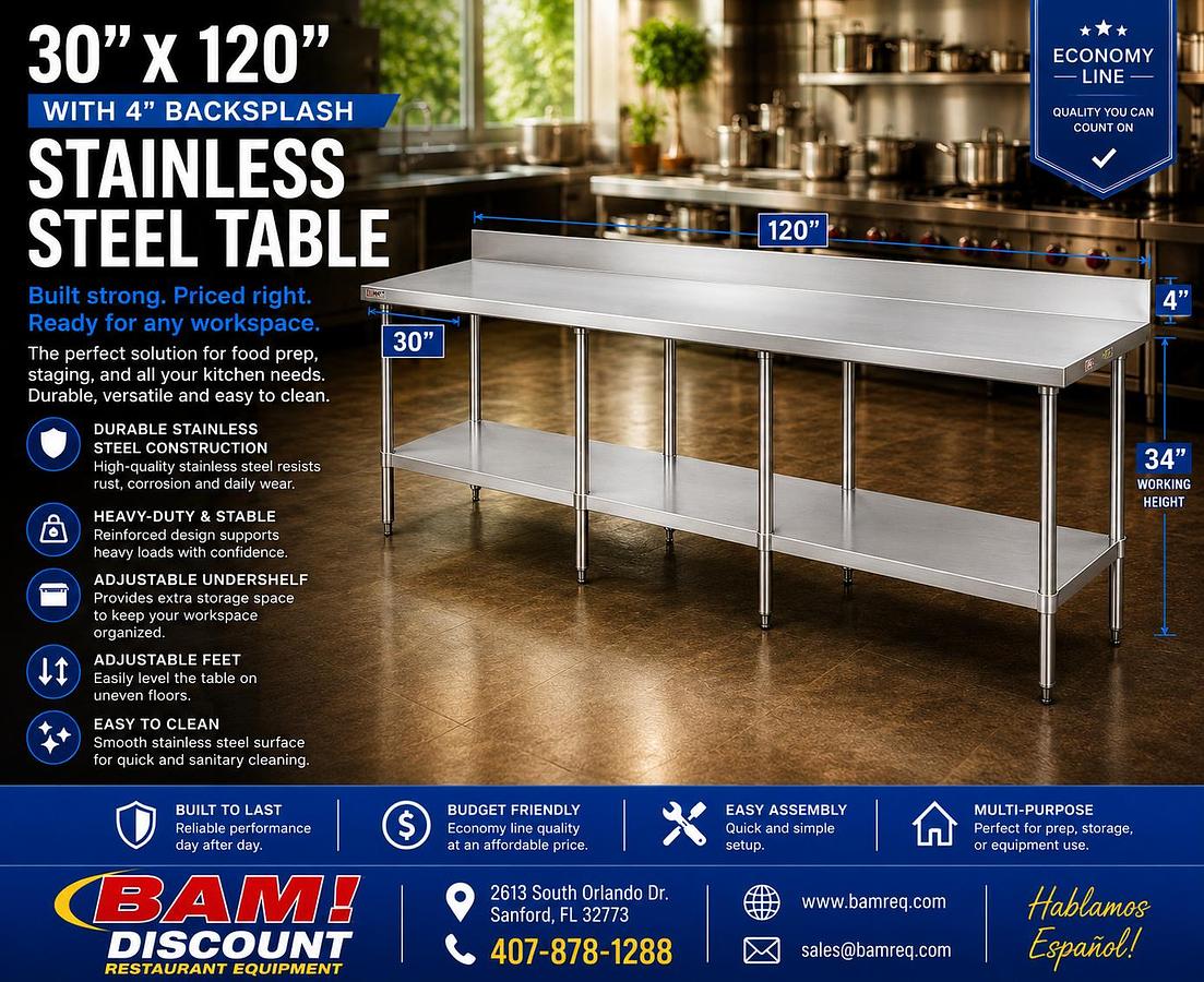 30”X120” 4" Backsplash Stainless Steel Table
