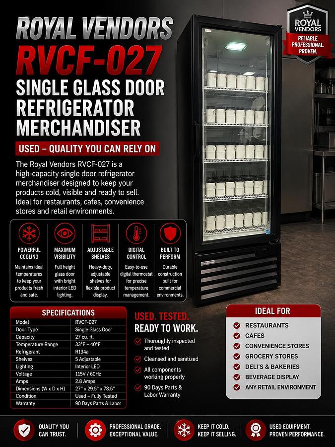 Used ROYAL VENDORS RVCF-027 SINGLE GLASS DOOR REFRIGERATOR MERCHANDISER USED