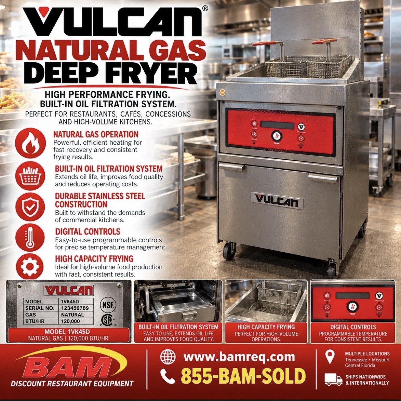 Refurbished VULCAN 1VK45D COMMERCIAL NATURAL GAS DEEP FRYER WITH BUILT-IN OIL FILTRATION SYSTEM