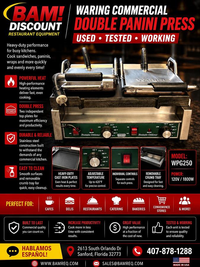 Used Waring WPG250 Double Panini Grill Press Commercial Sandwich Grill 120V