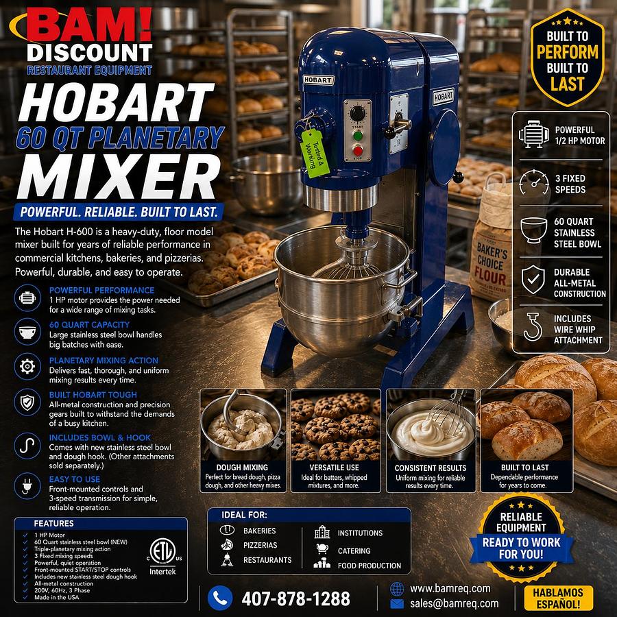 Used Hobart H-600 60 Qt Mixer 1HP - 3Ph - 200v New Stainless Bowl And Dough Hook