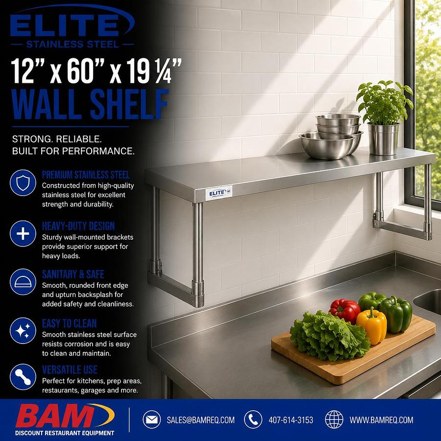 Elite Stainless Steel Single Deck Overshelf - 12" x 60" x 19 1/4"