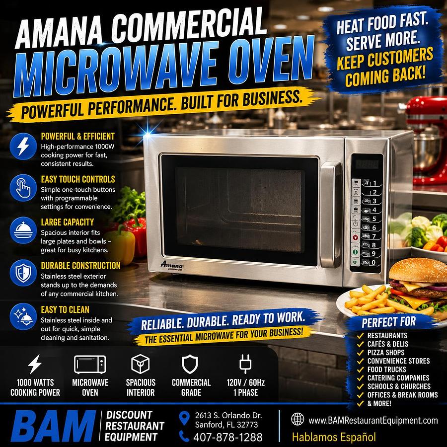 Used Amana Commercial Microwave Oven – Heavy-Duty Countertop Microwave – Programmable Controls – Stainless Steel