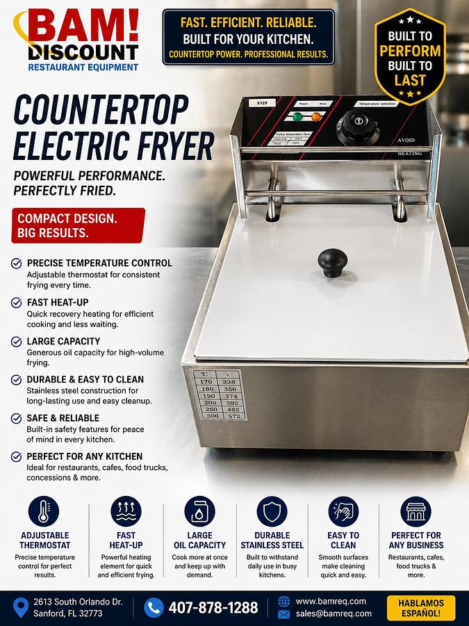 Used Commercial Countertop Electric Deep Fryer – Stainless Steel – Adjustable Temperature Control Upgrade your kitchen with th