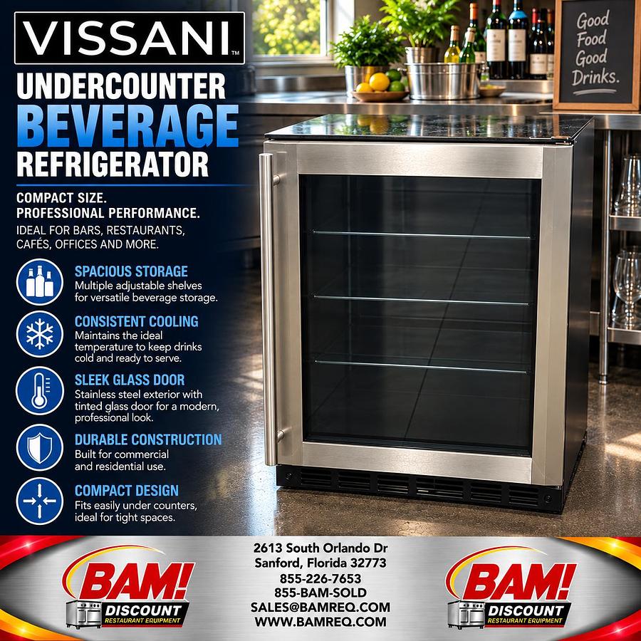 Refurbished Vissani Undercounter Beverage Refrigerator Glass Door Stainless Steel